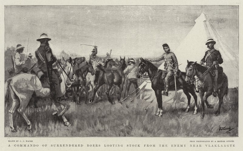 Ett kommando av överlämnade boer plundrar materiel från fienden nära Vlaklaagte av J. J. Waugh