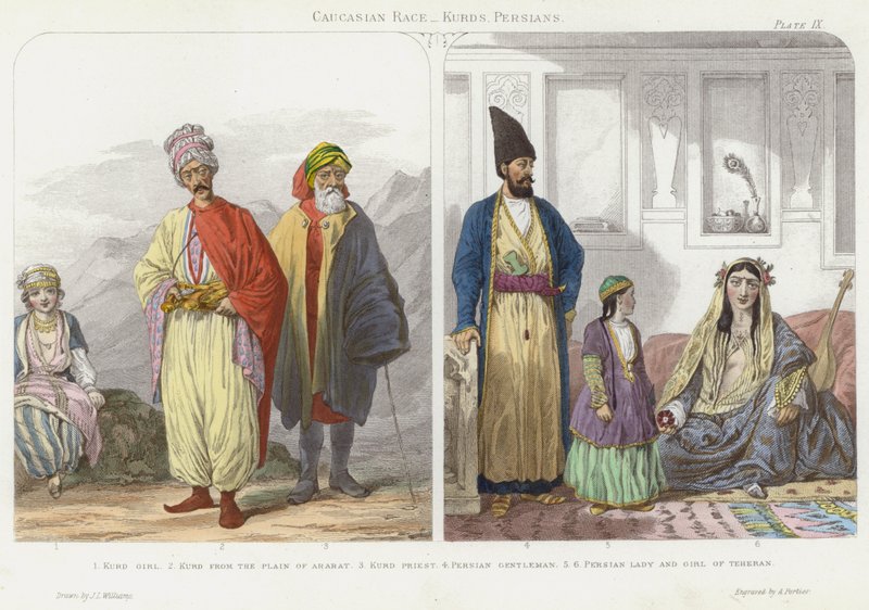 Kaukasisk ras, kurder, perser (färgad gravyr) av J.L. (after) Williams