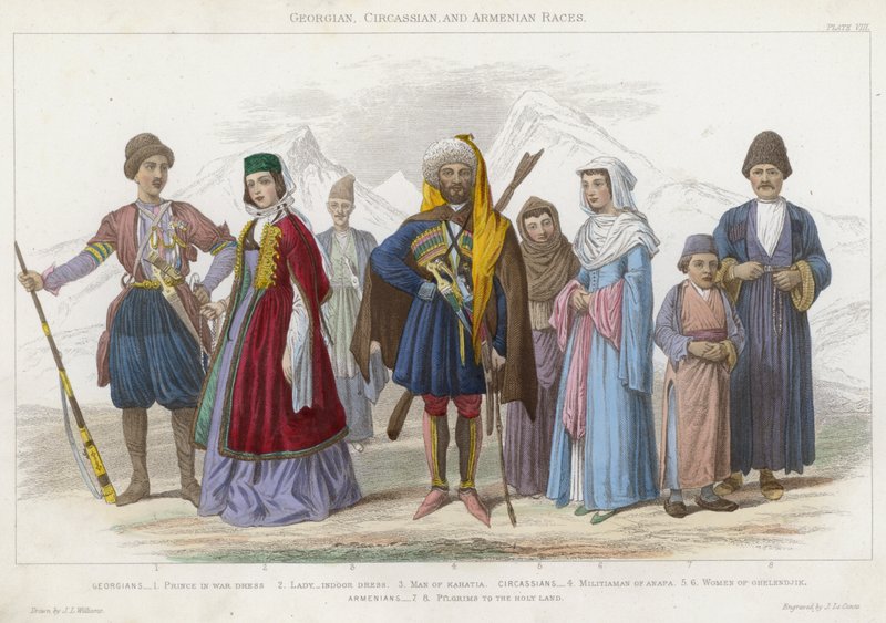 georgiska, cirkassiska och armeniska raser (färgad gravyr) av J.L. (after) Williams