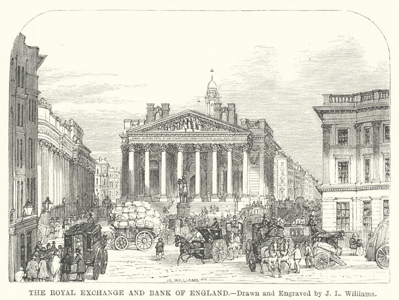 Royal Exchange och Bank of England (gravyr) av J.L. (after) Williams