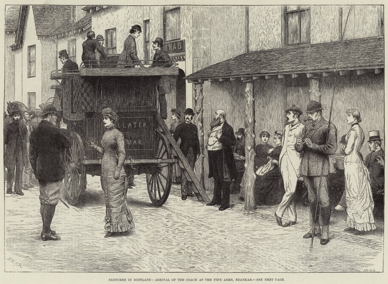 Skisser i Skottland, bussens ankomst till Fife Arms, Braemar av J.M.L. Ralston