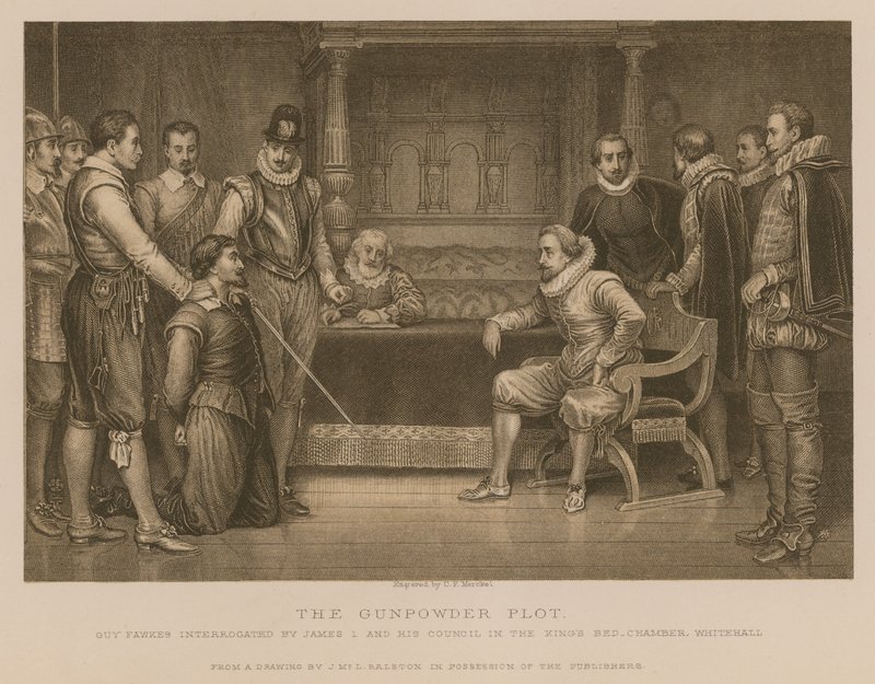 Krutplanen; Guy Fawkes förhörd av kung James I och hans råd i kungens sängkammare, Whitehall av J.M.L. Ralston