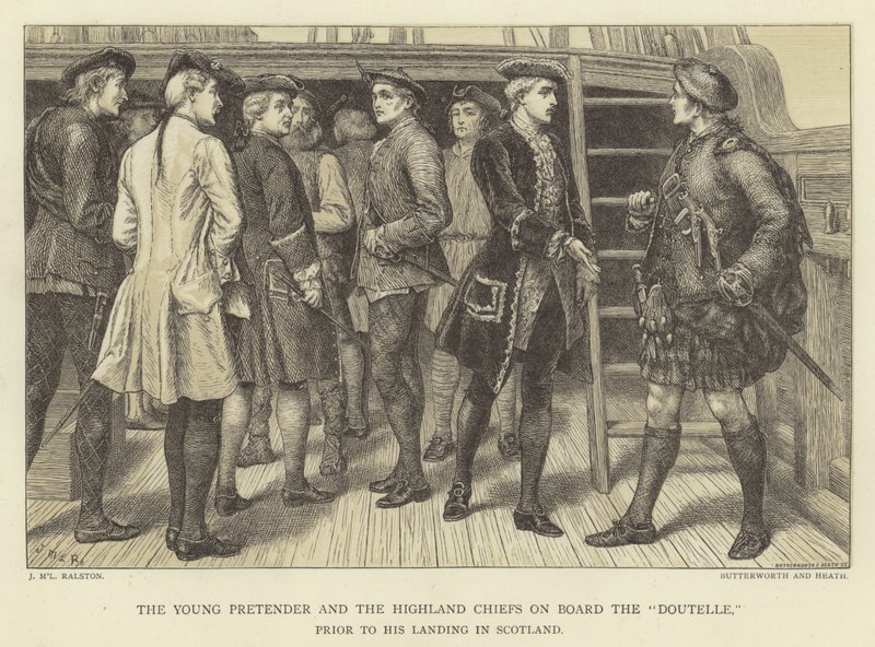 The Young Pretender och Highland Chiefs ombord på Doutelle innan han landade i Skottland av J.M.L. Ralston