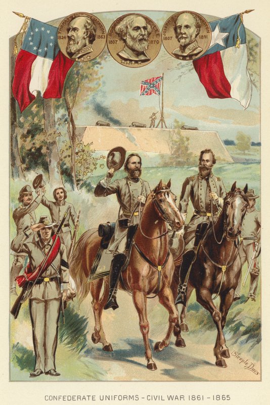 Konfedererade uniformer, inbördeskriget 1861-1865 (litho i färg) av J. (after) Steeple Davis