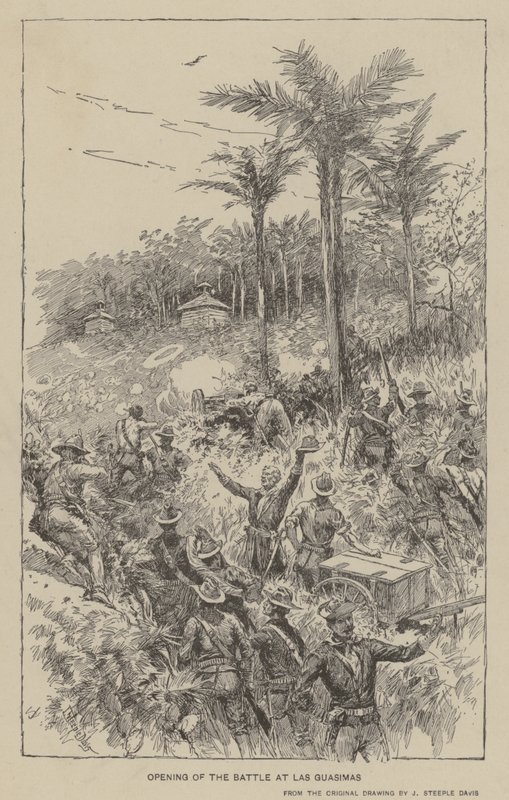 Öppnandet av slaget vid Las Guasimas (litho) av J. (after) Steeple Davis