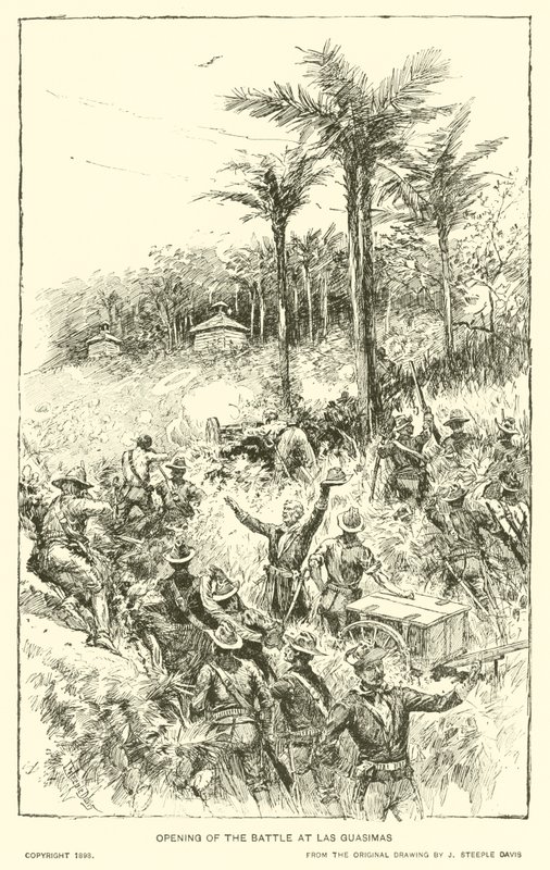 Öppnandet av slaget vid Las Guasimas (litho) av J. (after) Steeple Davis