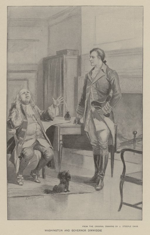 Washington och guvernör Dinwiddie (litho) av J. (after) Steeple Davis