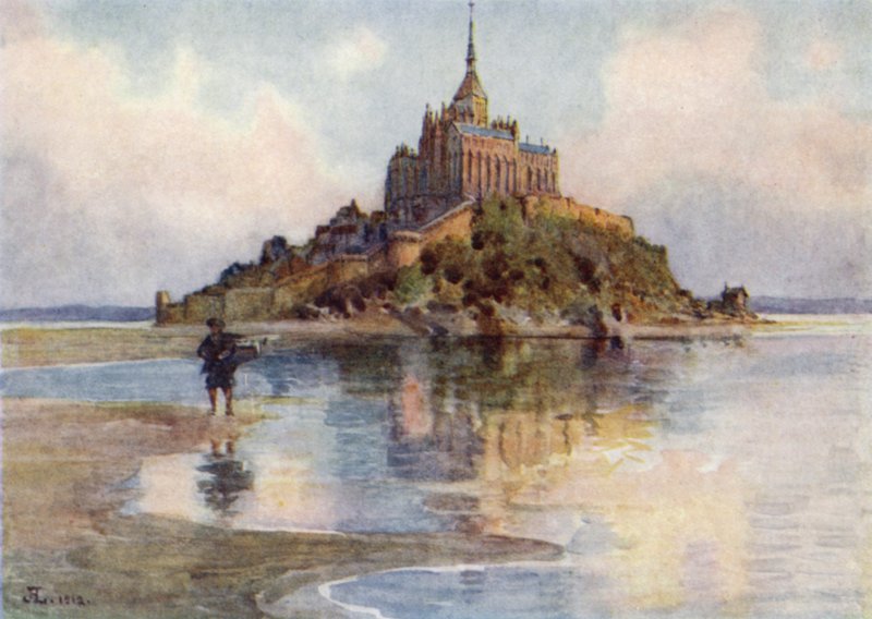 Mont St Michel från Tombelaine, Afton (färg litho) av J. Hardwicke Lewis