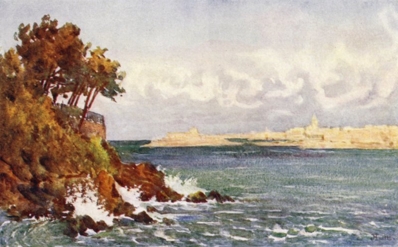 St Malo från Priory Beach, Dinard (färg litho) av J. Hardwicke Lewis