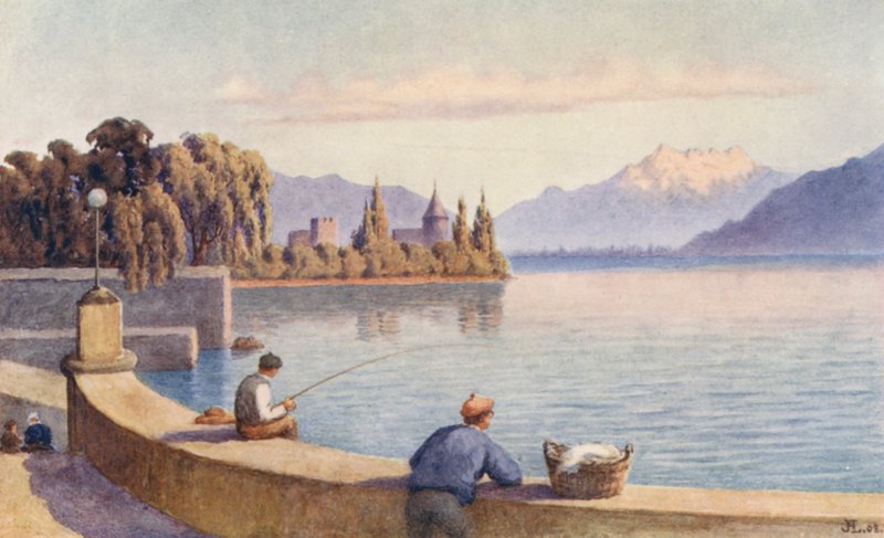 Dents du Midi och La Tour från "Entre deux Villes" (färglitografi) av J. Hardwicke Lewis