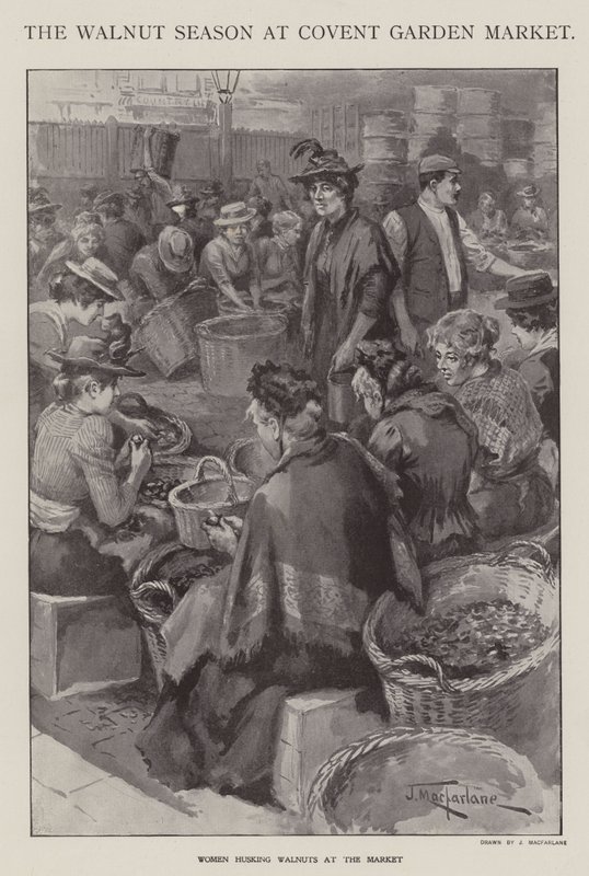 Valnötssäsongen på Covent Garden Market, London (litho) av J. Macfarlane