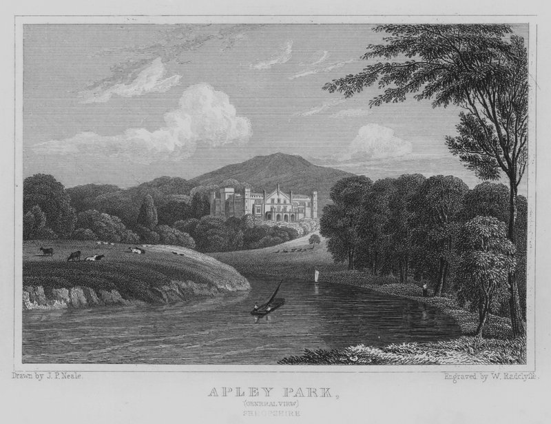 Apley Park, allmän utsikt, Shropshire (gravyr) av John Preston Neale