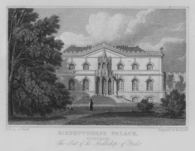 Bishopthorpe Palace, Yorkshire, ärkebiskopens säte av York (gravyr) av John Preston Neale