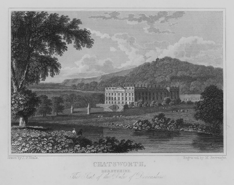 Chatsworth, Derbyshire, sätet för hertigen av Devonshire (gravyr) av John Preston Neale
