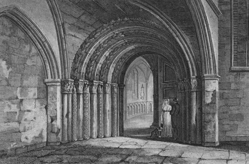 Dörrväg till Temple Church, London (gravyr) av John Preston Neale
