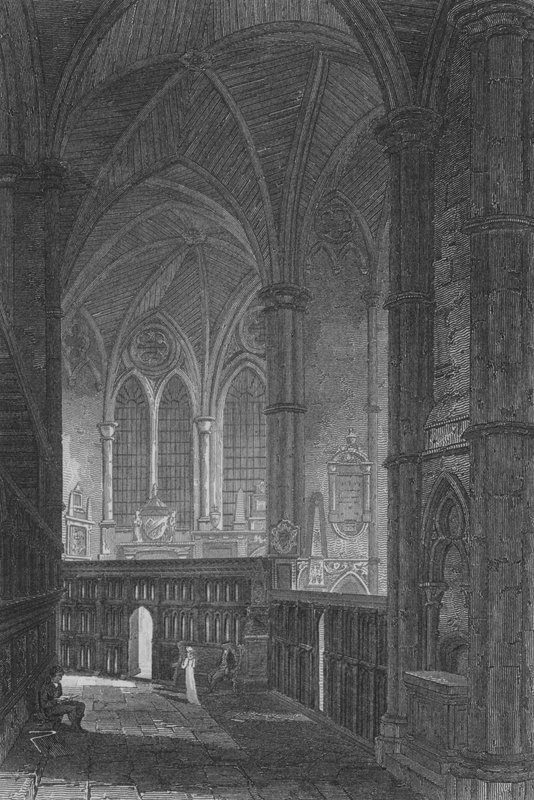 Ingång till South Aisle, Westminster Abbey (gravyr) av John Preston Neale
