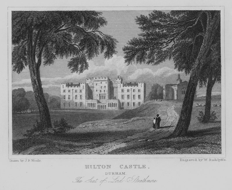 Hilton Castle, Durham, The Seat of Lord Strathmore (gravyr) av John Preston Neale