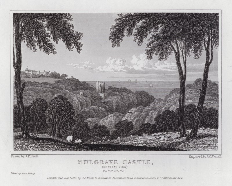 Mulgrave Castle, allmän utsikt, Yorkshire (gravyr) av John Preston Neale