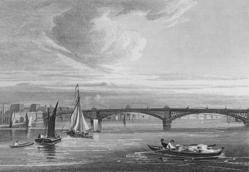 New Iron Bridge, över Themsen från Queen Street (gravyr) av John Preston Neale