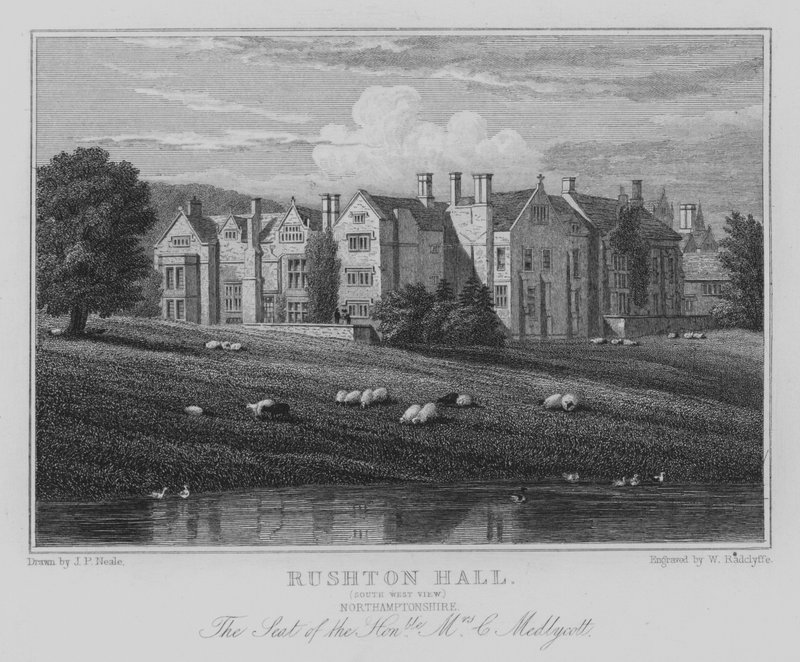 Rushton Hall, South West View, Northamptonshire, sätet för den ärade fru C Medlycott (gravyr) av John Preston Neale