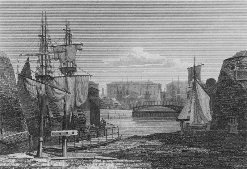 Ingången till London Docks (gravyr) av John Preston Neale