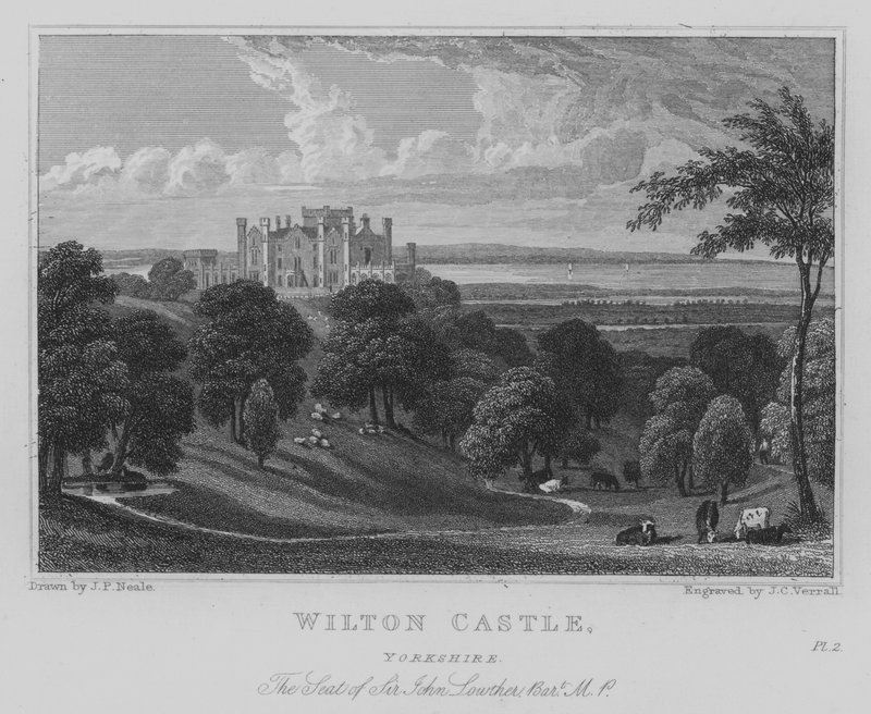 Wilton Castle, Yorkshire, Sätet för Sir John Lowther, Baronet, MP (gravyr) av John Preston Neale