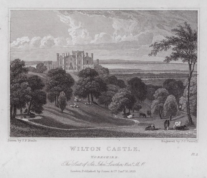 Wilton Castle, Yorkshire, säte för Sir John Lowther (gravyr) av John Preston Neale