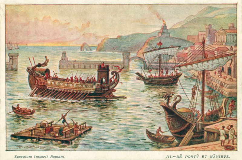 Forntida romersk hamn och skepp (färg litho) av J. Williamson