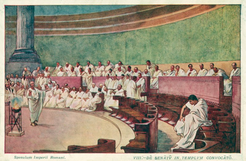 Cicero attackerar Catilina i senaten i antikens Rom (färg litho) av J. Williamson