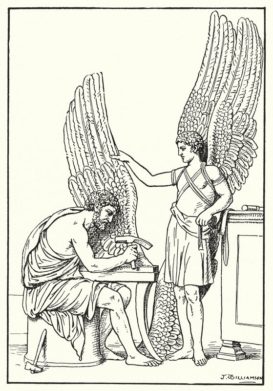 Daidalos och Ikaros, från en basrelief, Rom (litografi) av J. Williamson