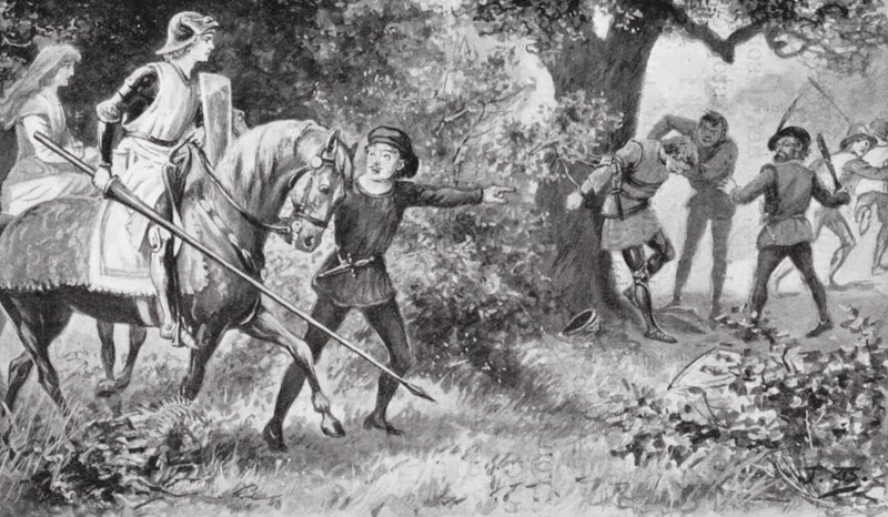 Gareth rusade på rånarna och slog till så djärvt att de sprang iväg (litografi) av J. Williamson