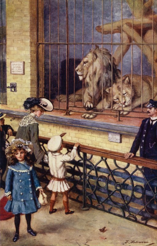 I Lejonhuset på Zoo (färg litho) av J. Williamson