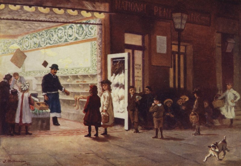 Marknadsföring på lördag kväll (färg litho) av J. Williamson