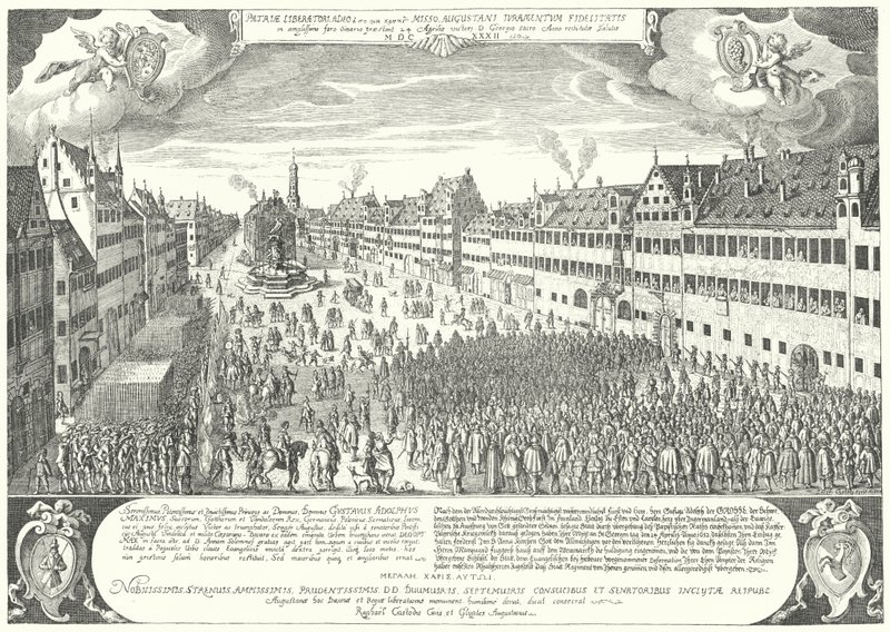Staden Augsburg hyllar Gustavus Adolphus av Sverige av Jacob Custodis