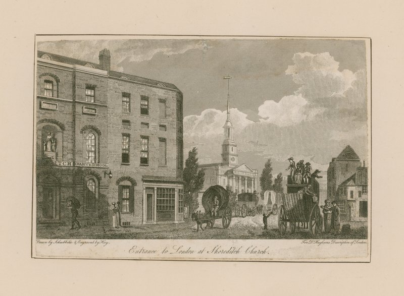 Ingång till London vid Shoreditch Church av Jacob Schnebbelie