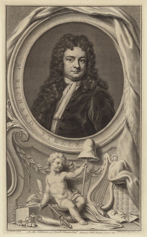 Sir Richard Steele, irländsk författare, dramatiker och politiker och medgrundare av The Tatler magazine (gravyr) av Jacobus Houbraken