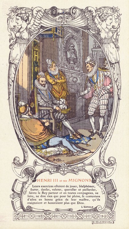Kung Henrik III av Frankrike och hans favoriter, Mignons (färg litho) av Jacques Emile (after) Blanche