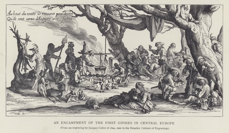 Ett läger för de första zigenarna i Centraleuropa (litho) av Jacques (after) Callot