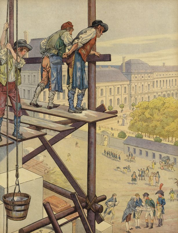 Byggnadsarbetare tittar ner från byggnadsställningarna på Place des Pyramides av Jacques Marie Gaston Onfray de Breville (Job)