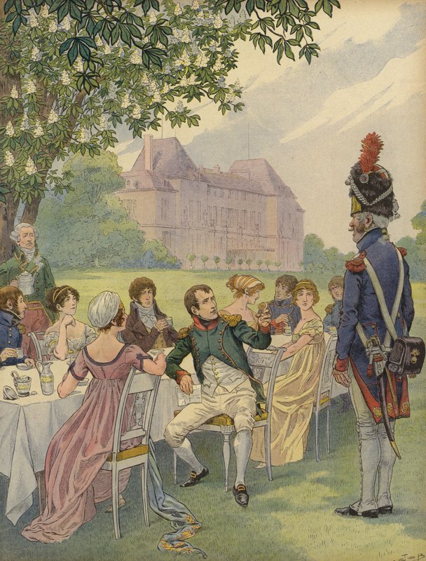 Napoleon Bonparte och Josephine vid en trädgårdsfest på Chateau de Malmaison. av Jacques Marie Gaston Onfray de Breville (Job)
