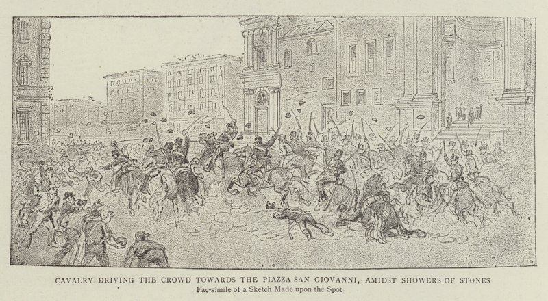Kavalleriet driver folkmassan mot Piazza San Giovanni, mitt i stenregn. av James A. Shearman