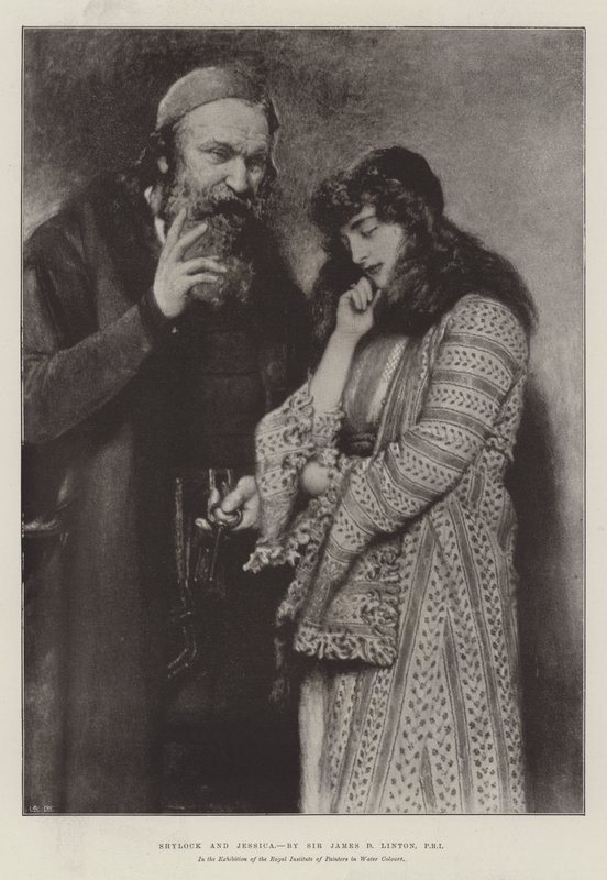 Shylock och Jessica, i utställningen av Royal Institute of Painters in Water Colors av James Dromgole Linton