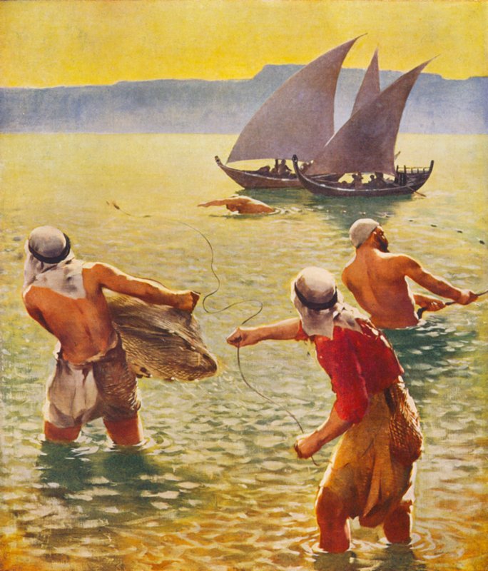 Det heliga landet: Fiske i Galileiska sjön (färglitografi) av James (after) Clark