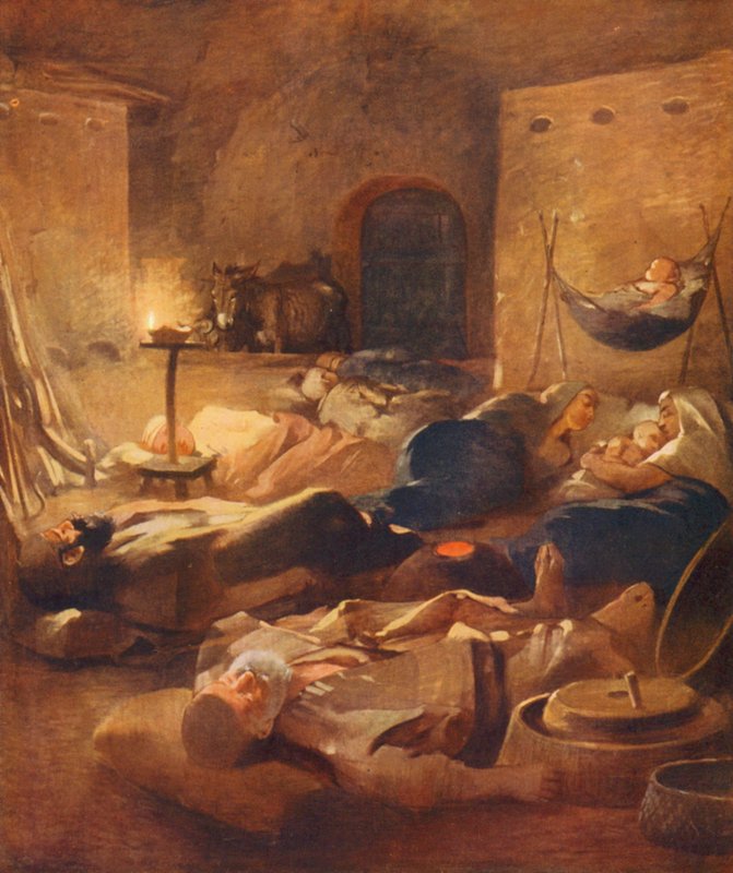 Heliga landet: Interiör från ett Fellahheen-hus på natten (färglitografi) av James (after) Clark