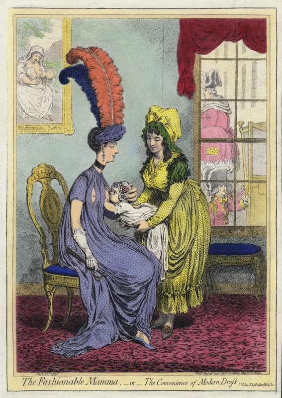 Amning, The Fashional Mamma eller The Convenience of Modern Dress (färgad gravyr) av James (after) Gillray