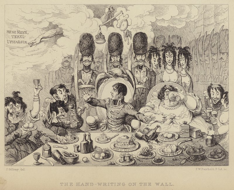 Handskriften på väggen: parodi på Belshazzars festmåltid föreställande Napoleon och hans fru Josephine av James (after) Gillray
