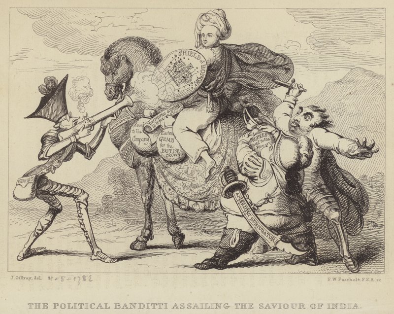 The Political Banditti Assailing the Savior of India: Warren Hastings, tidigare guvernör i Bengal, under attack från politikerna Edmund Burke, Charles James Fox och Lord North av James (after) Gillray