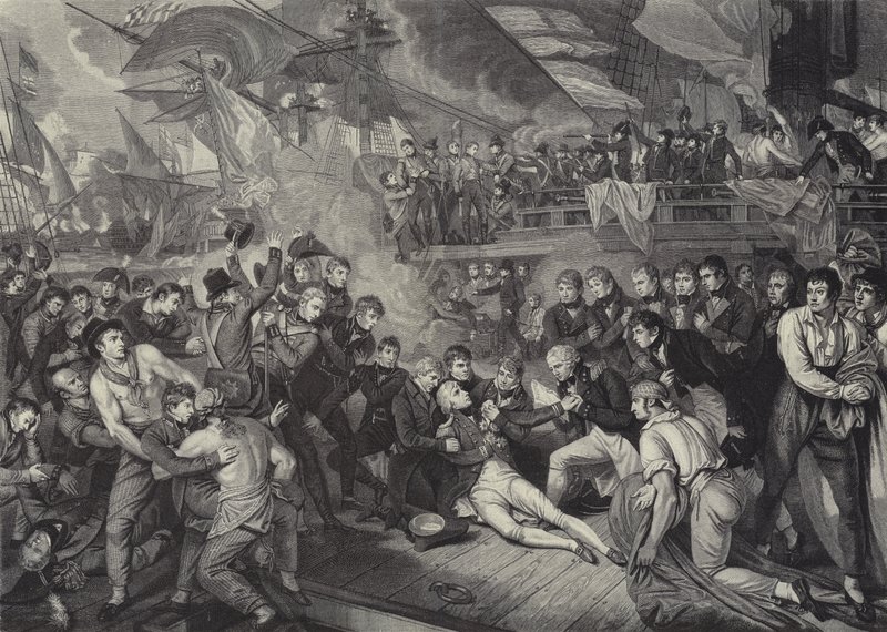 Amiral Lord Nelsons död i slaget vid Trafalgar av James (after) Heath