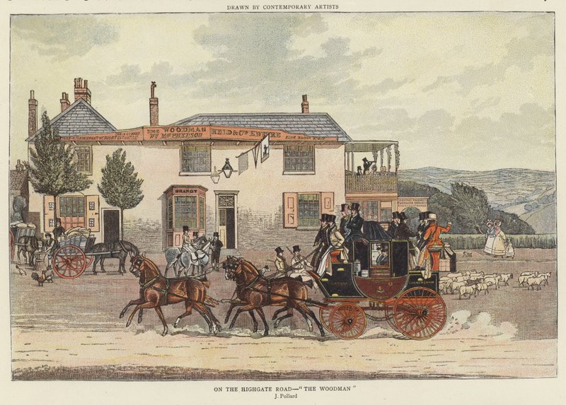 On the Highgate Road - "The Woodman" (färg litho) av James (after) Pollard