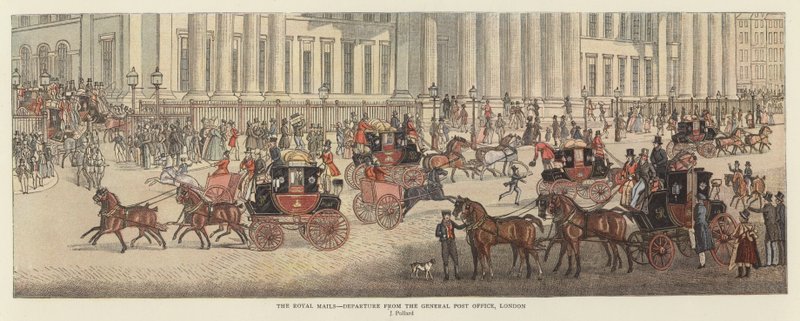 The Royal Mails - Avgång från General Post Office, London (färg litho) av James (after) Pollard